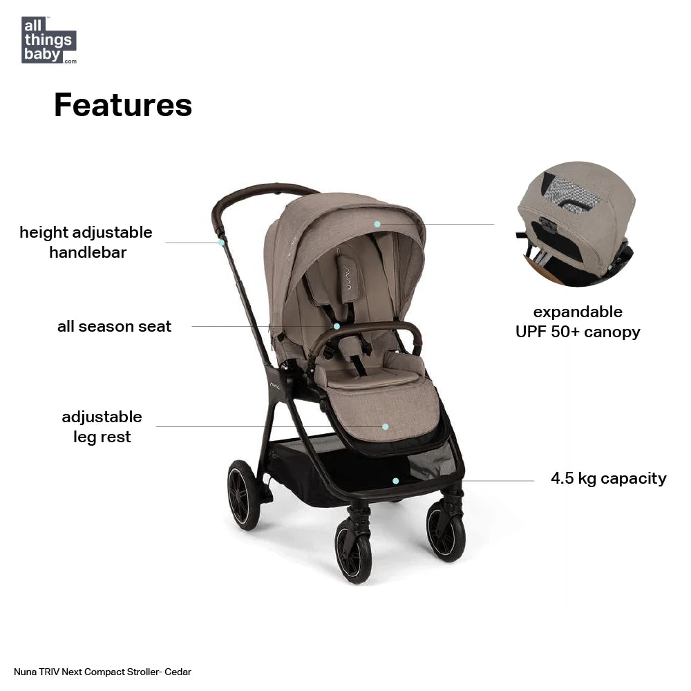 Nuna TRIV Next Reversible Seat Stroller with Flat Recline|Height Adjustable Handle Bar|All Terrain|All Wheel Suspension|One Hand Fold|Rain Cover & Post Adaptors|0 to 4Y (Upto 22Kg) -  Cedar