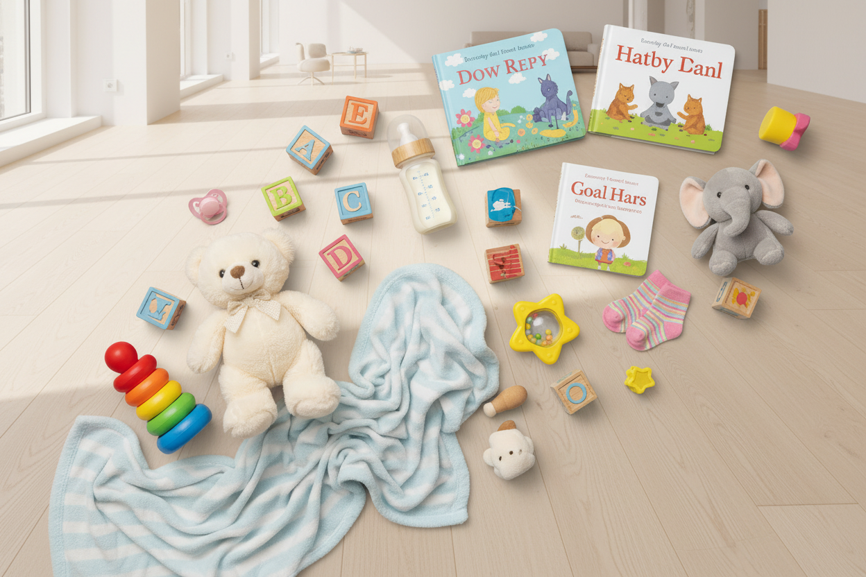 Teddy bear, baby bottle, pacifier, and blocks on a blue and pink background