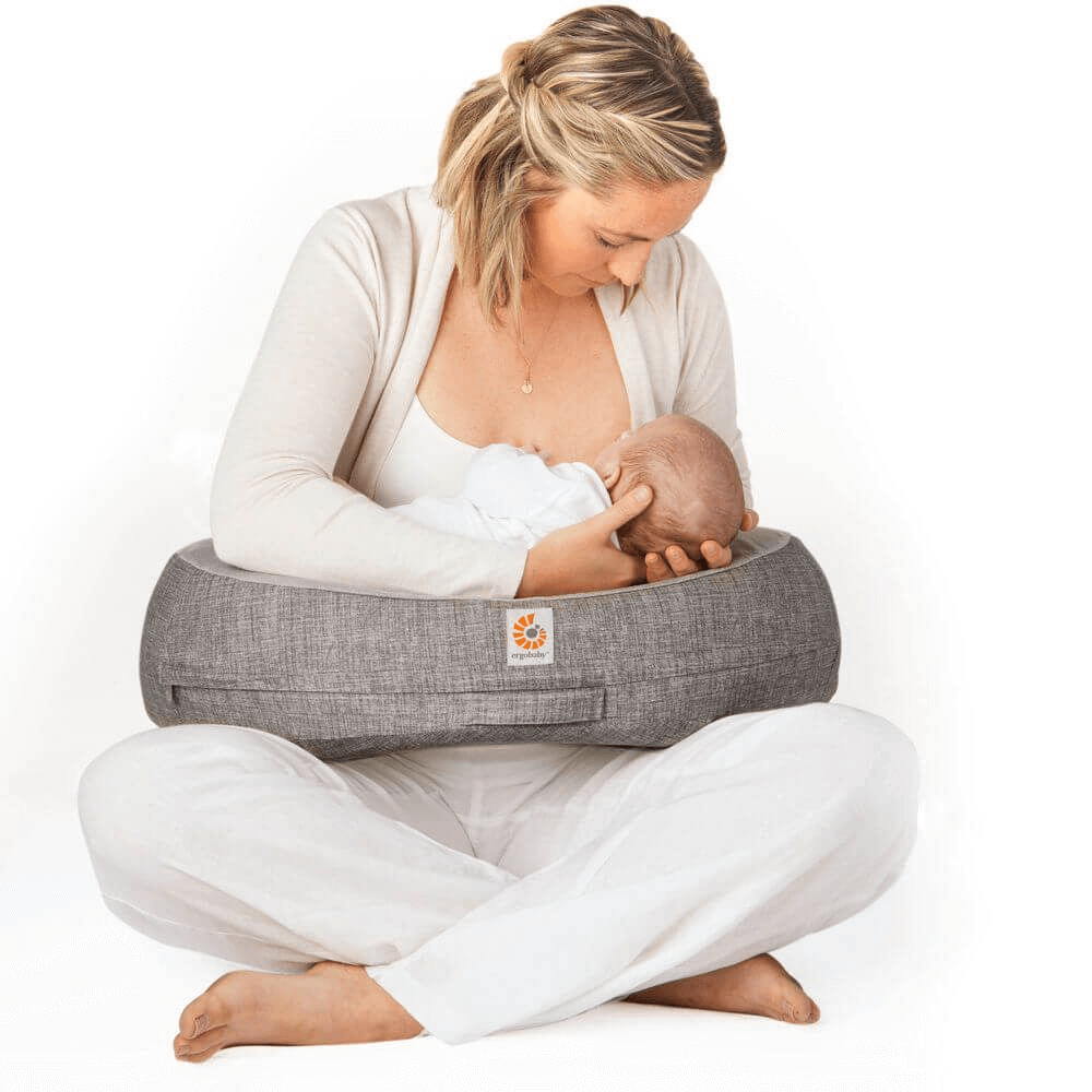 Ergobaby Natural Curve Nursing Pillow – Ergonomic Breastfeeding Pillow with Adjustable Stay-Put Strap, Firm Support to Reduce Back Strain & Baby Rolling, Soft Removable Cotton Cover, Suitable for All Stages, Grey